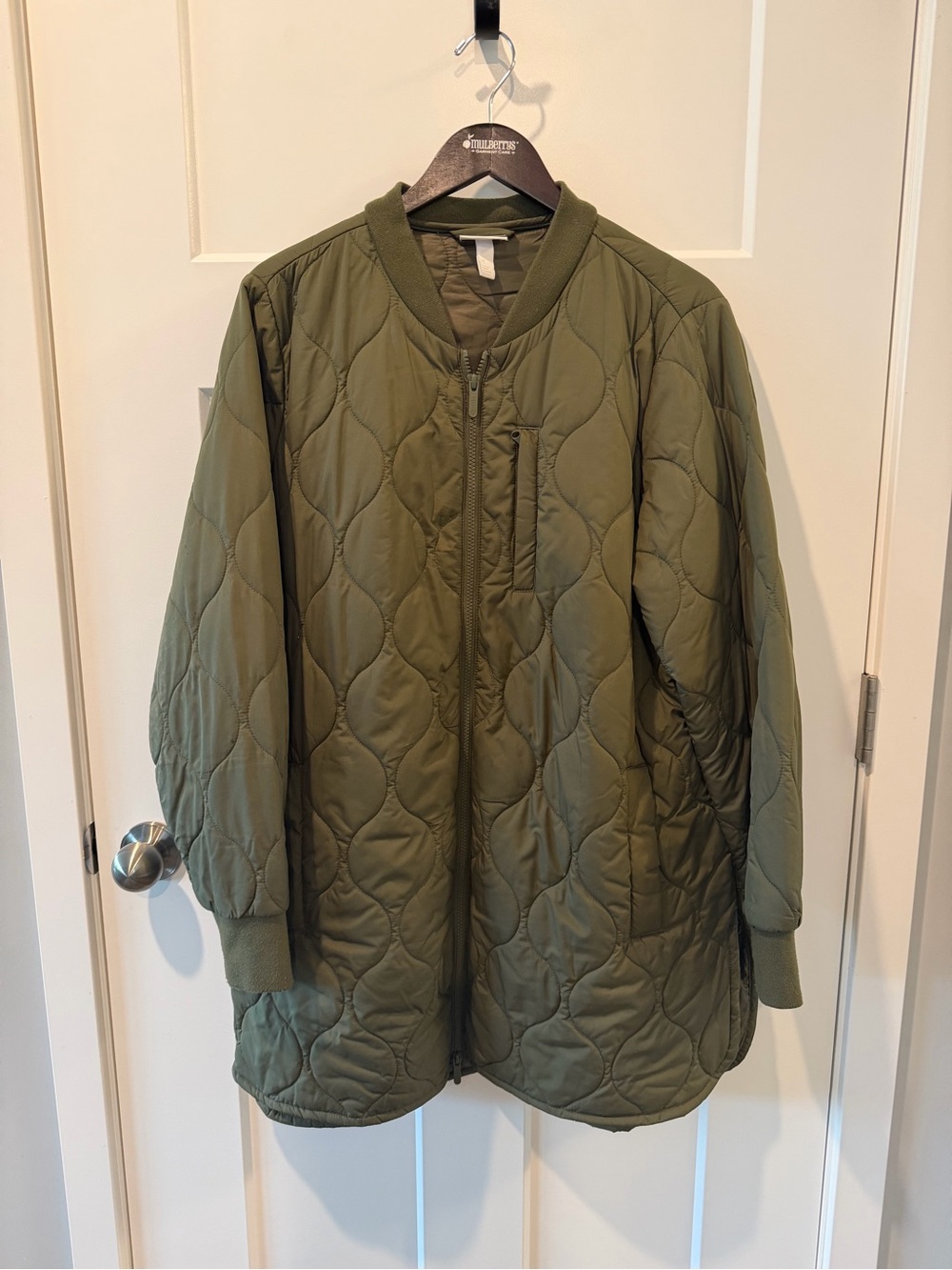 Zella Olive Green Quilted Long Bomber Jacket